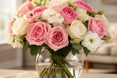 Romantic pink and white anniversary flowers arranged in a glass vase
