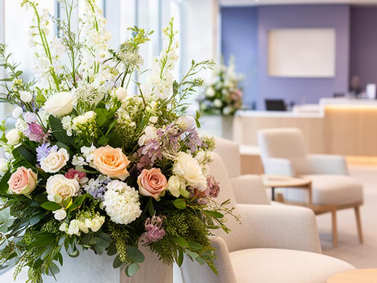 Bright West Sussex business lounge with seasonal flowers beside a reception seating area