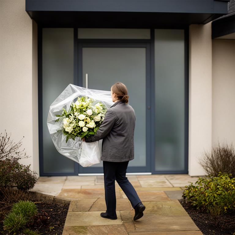 Florist carrying a covered sympathy flower arrangement towards a quiet funeral home entrance