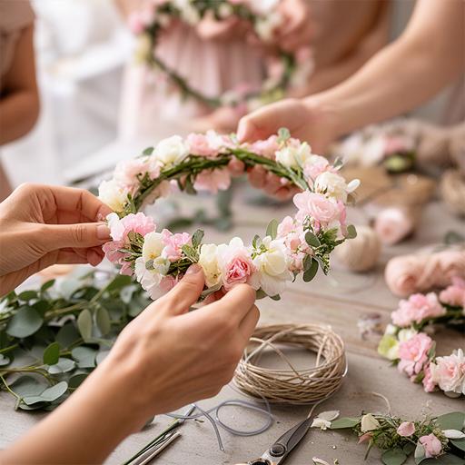 Hands arranging pink and white flowers into a crown at a Haywards Heath hen party