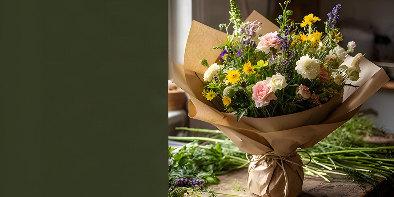 Seasonal wildflower bouquet wrapped in kraft paper on a rustic worktable in Mid Sussex