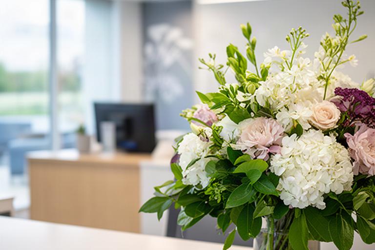 Fresh floral arrangement on a reception desk in a bright Mid Sussex office
