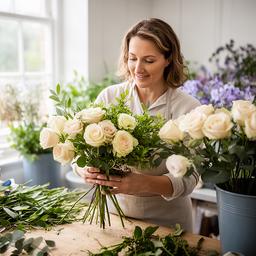 Head florist arranging pale roses and seasonal foliage in a Haywards Heath studio