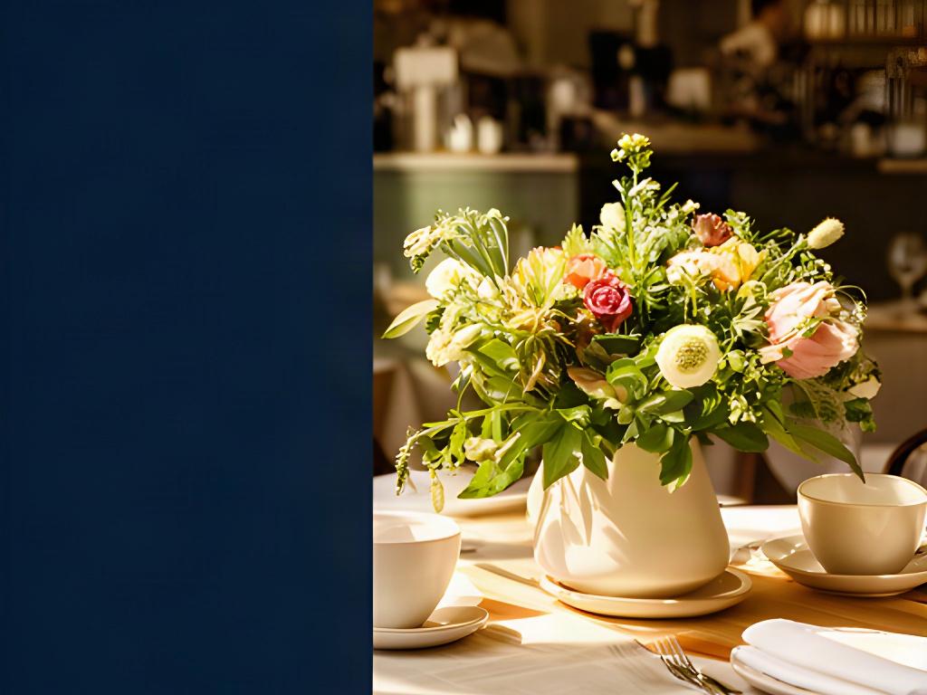 Sunlit cafe table with a seasonal floral arrangement beside neatly set crockery