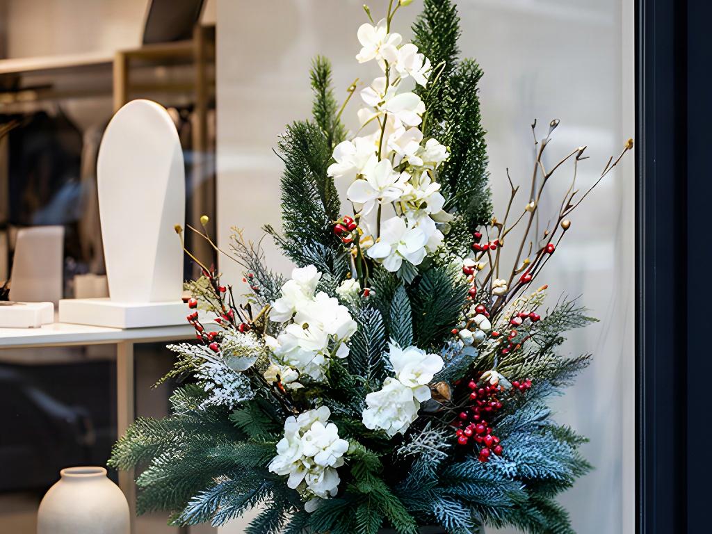 Winter evergreen arrangement with white flowers beside a boutique shop display