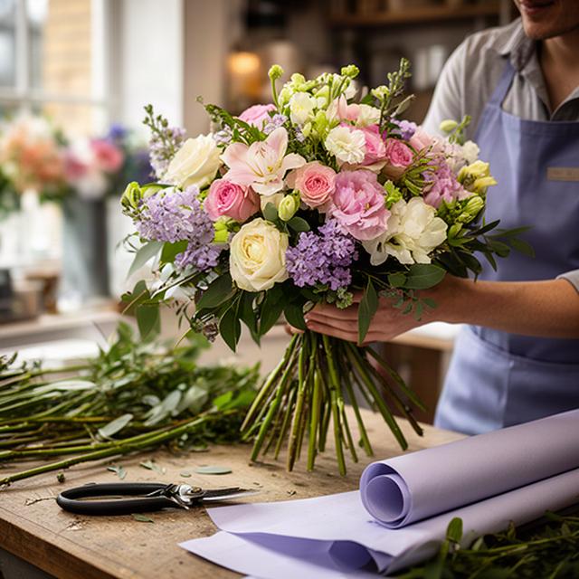 Fresh mixed flower bouquet being prepared on a florist's workbench in Haywards Heath