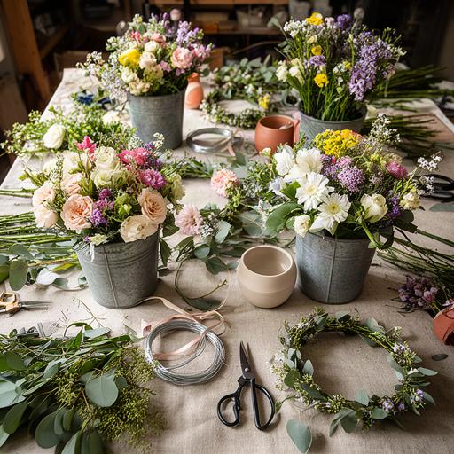 Workshop table covered with buckets of seasonal flowers, scissors and natural foliage