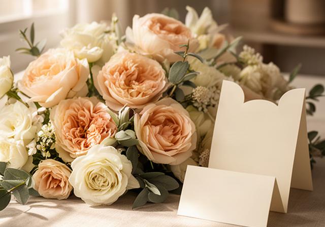 Seasonal tribute flowers in gentle peach and ivory tones beside handwritten remembrance notes