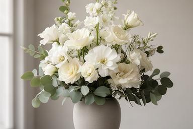 Elegant white sympathy flowers arranged with soft greenery