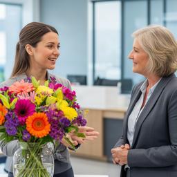 Florist speaking with a business client beside colourful office flowers