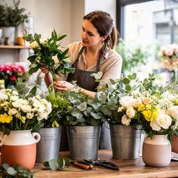 Seasonal florist selecting locally grown foliage and fresh flowers in the shop