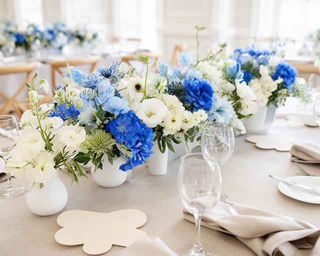 Blue and white wedding table centrepiece arranged in a bright reception room