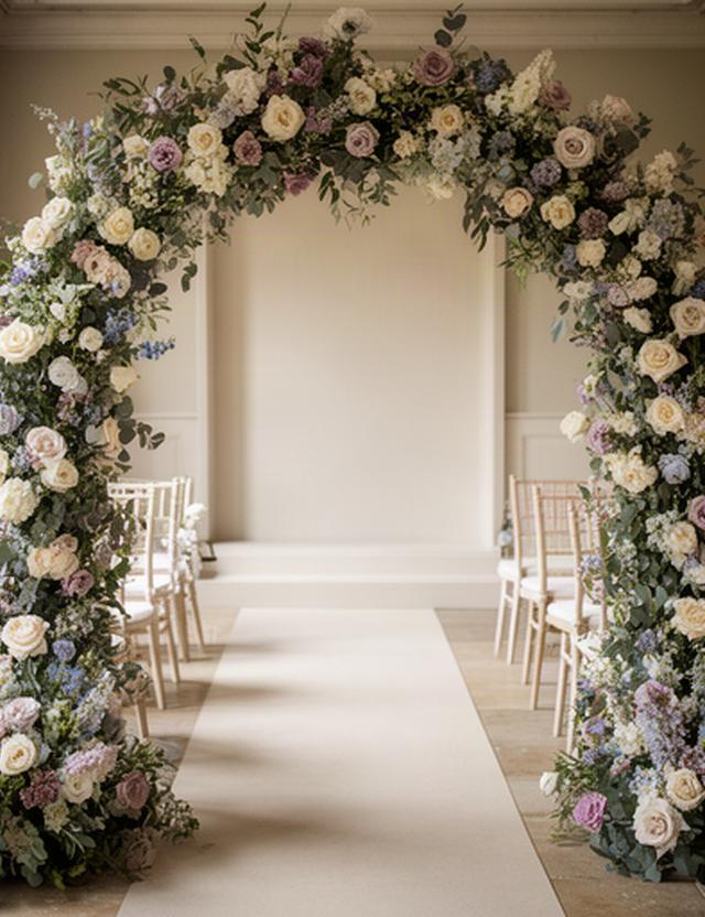 Soft floral arch framing a civil ceremony at a West Sussex venue