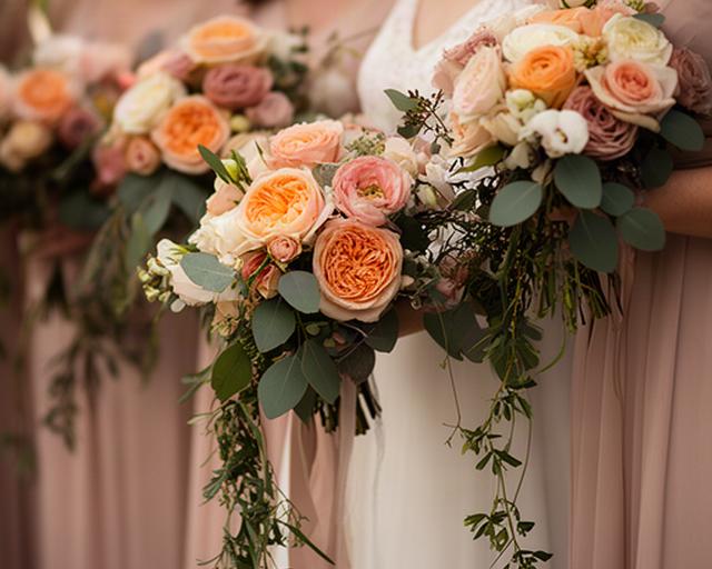 Peach and blush bridesmaids' flowers with trailing greenery at a wedding